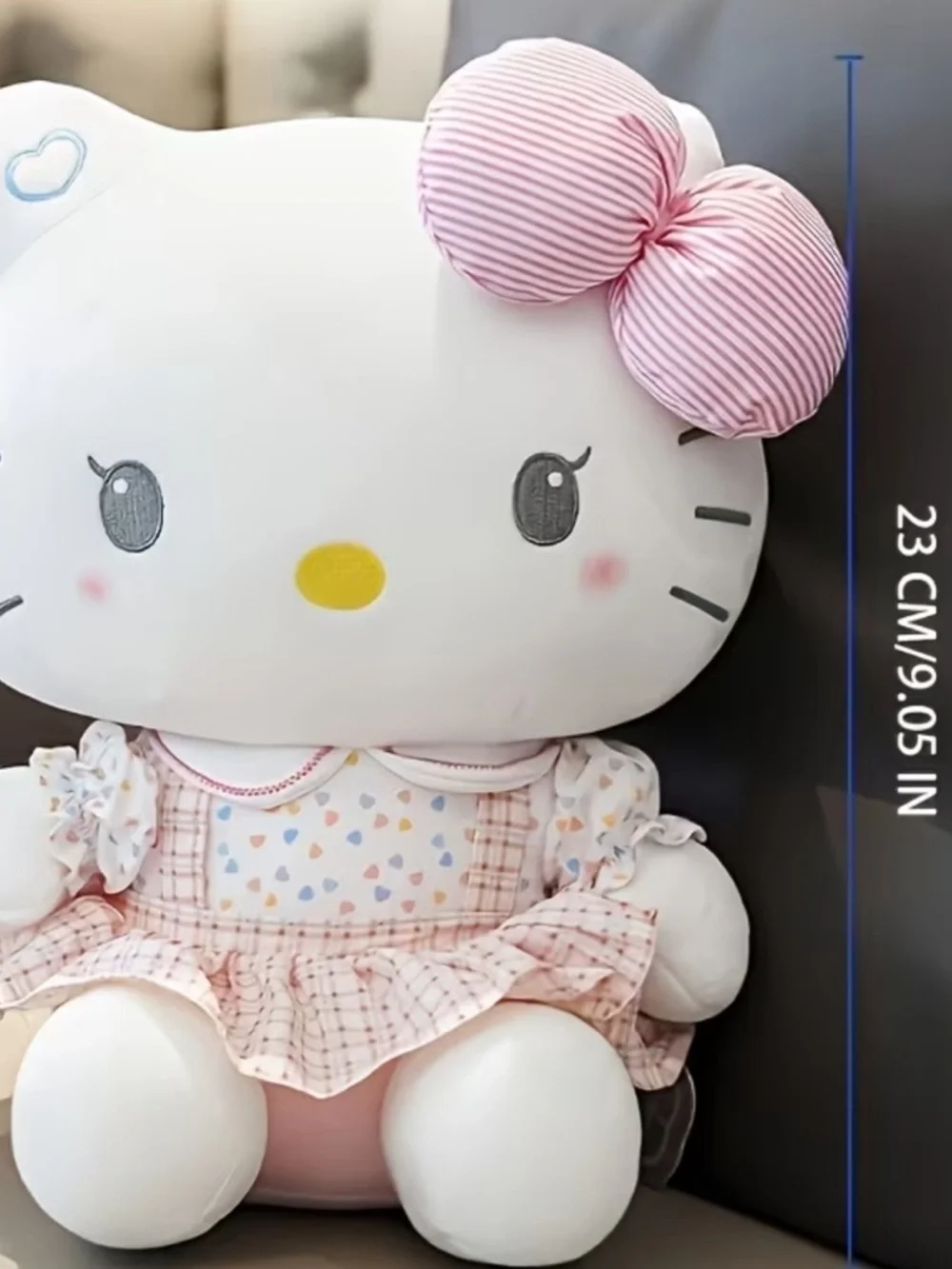 Hello Kitty Plush 9” with White and Pink Striped Bow!